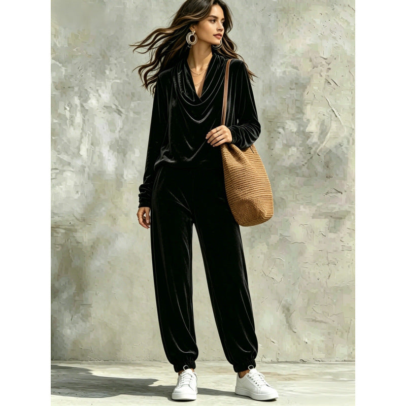Damen Samt-Lounge-Set mit Wasserfallkragen und Jogger-Hose Drune