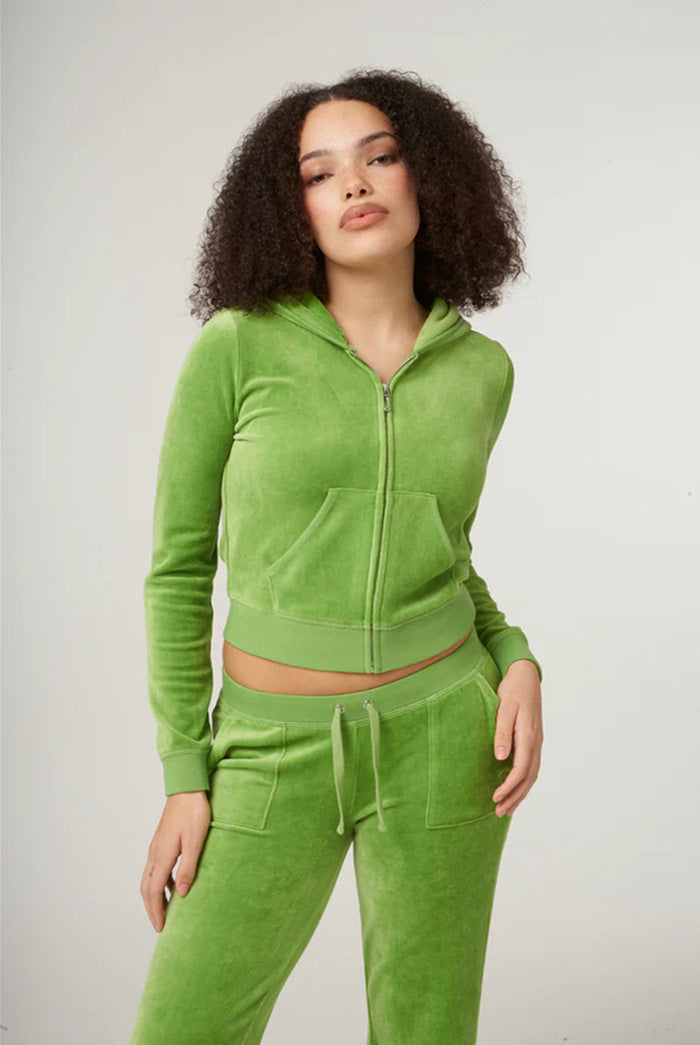 Damen Samtvelours Cropped-Zipjacke mit Kängurutasche und hochgeschnittener Bündchenhose Drune