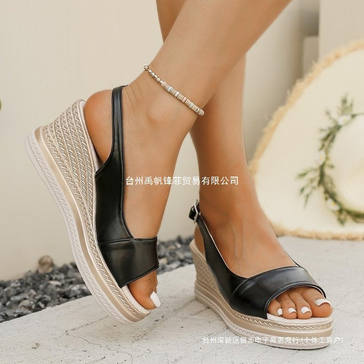 Damen Wedge-Pantoletten aus hochwertigem Kunstleder mit elastischen Riemen und trendiger Sohle Drune