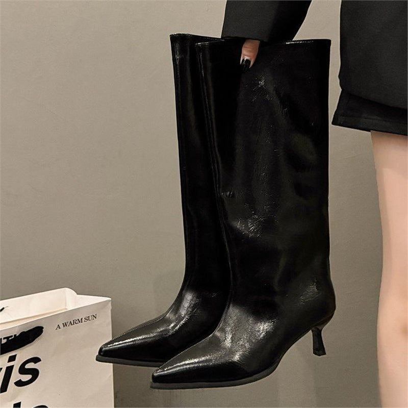 Damen kniehohe Stiefel mit spitzer Zehenkappe und skulpturiertem Kittenabsatz Drune