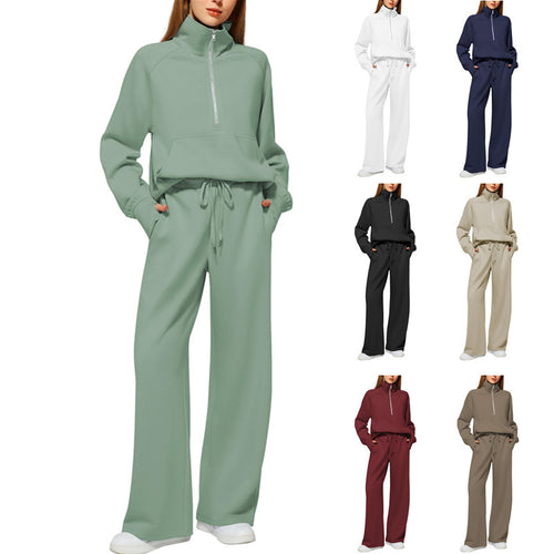 Damen Zweiteiliges Lounge-Set mit Halbreißverschluss, Stehkragen und weiter Palazzohose Drune