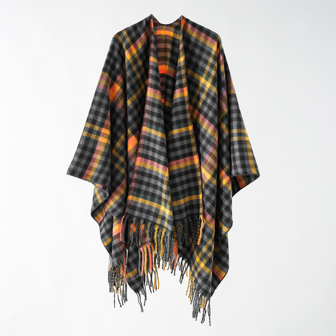 Damen Karierter Wollmix Poncho mit Fransen und offenem Oversize Fall Drune
