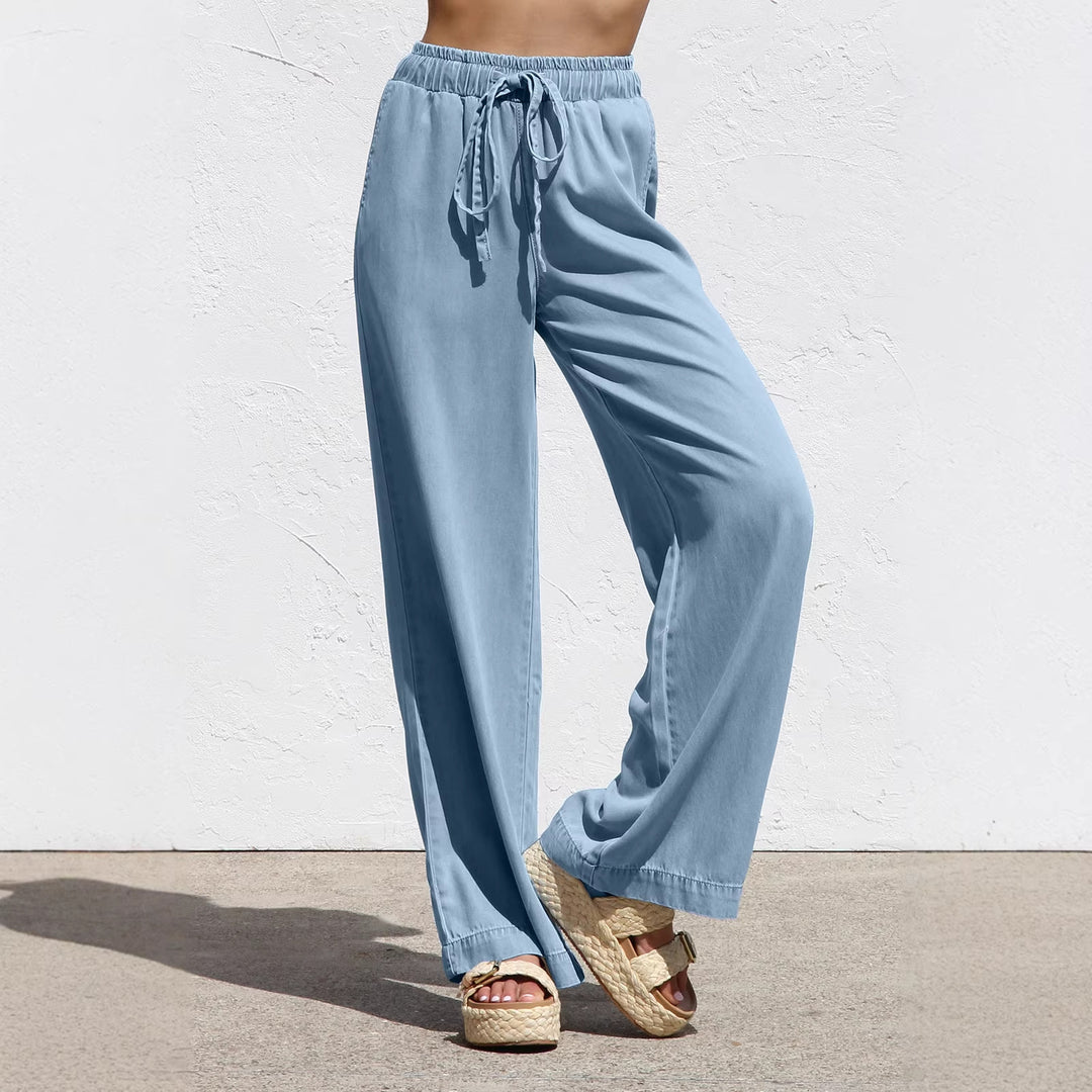 Damen nan weite Leinen-Optik Sommerhose mit elastischem Bund, Kordelzug und Seitentaschen Drune