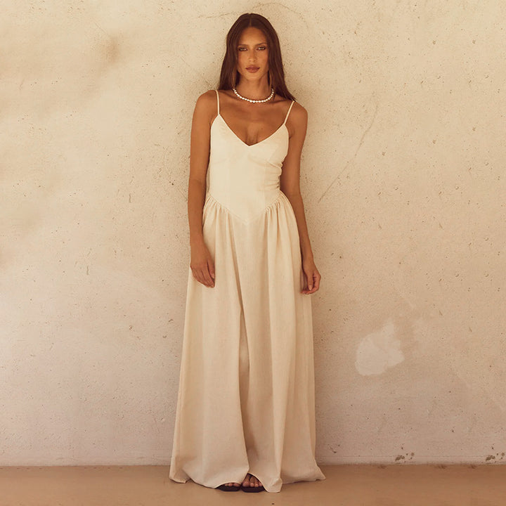 Damen Elegantes lange Maxikleid mit schmalen Spaghetti-Trägern und fließendem Rock Drune