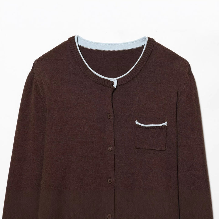 Damen nan kurz geschnittene Strickcardigan mit Rundhals Kontrastpaspel und Brusttasche Drune