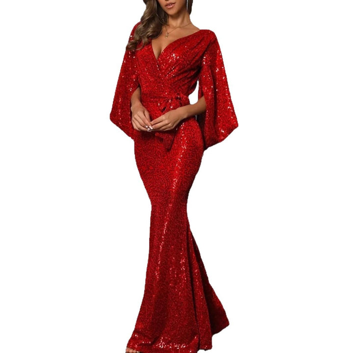 Damen Elegantes Abendkleid mit Pailletten und tiefem V-Ausschnitt Drune