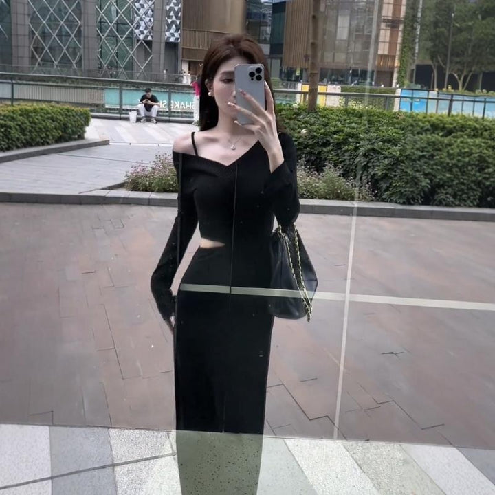 Damen elegantes Kleid mit asymmetrischem Ausschnitt und Cut-Out Drune