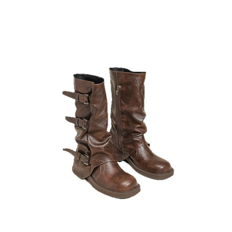 Damen Bikerstiefel mit mehrfachen Zierschnallen, gerafftem Schaft und robuster Profilsohle Drune