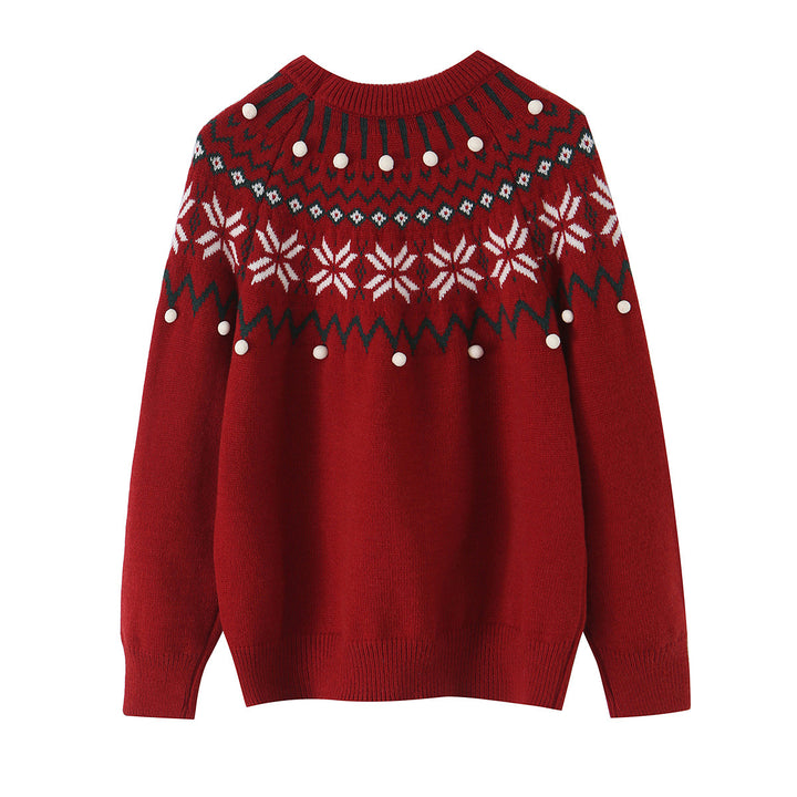 Damen nan Norwegerpullover mit Rundhalsausschnitt, jacquardgestricktem Muster und dekorativen Bommelapplikationen Drune
