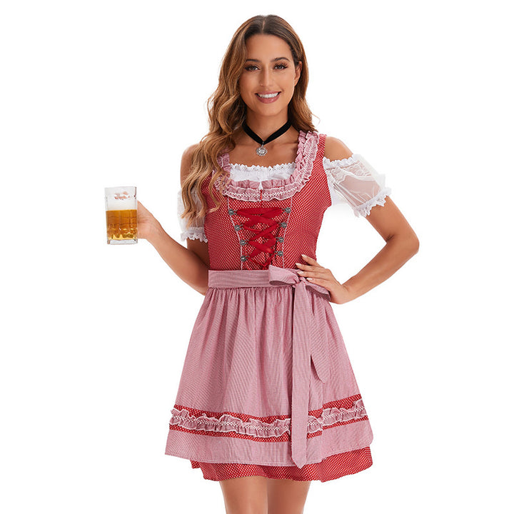 Damen nan kurzes traditionelles Dirndlkleid mit Korsett-Schnürung Spitzendetails und bindbarer Schürze Drune