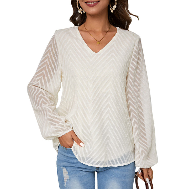 Damen Bluse mit eleganten V-Ausschnitt und transparenten Ärmelapplikationen Drune