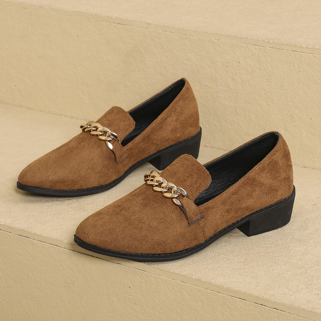 Damen Veloursleder-Loafer mit goldener Kettenapplikation und kleinem Blockabsatz Drune