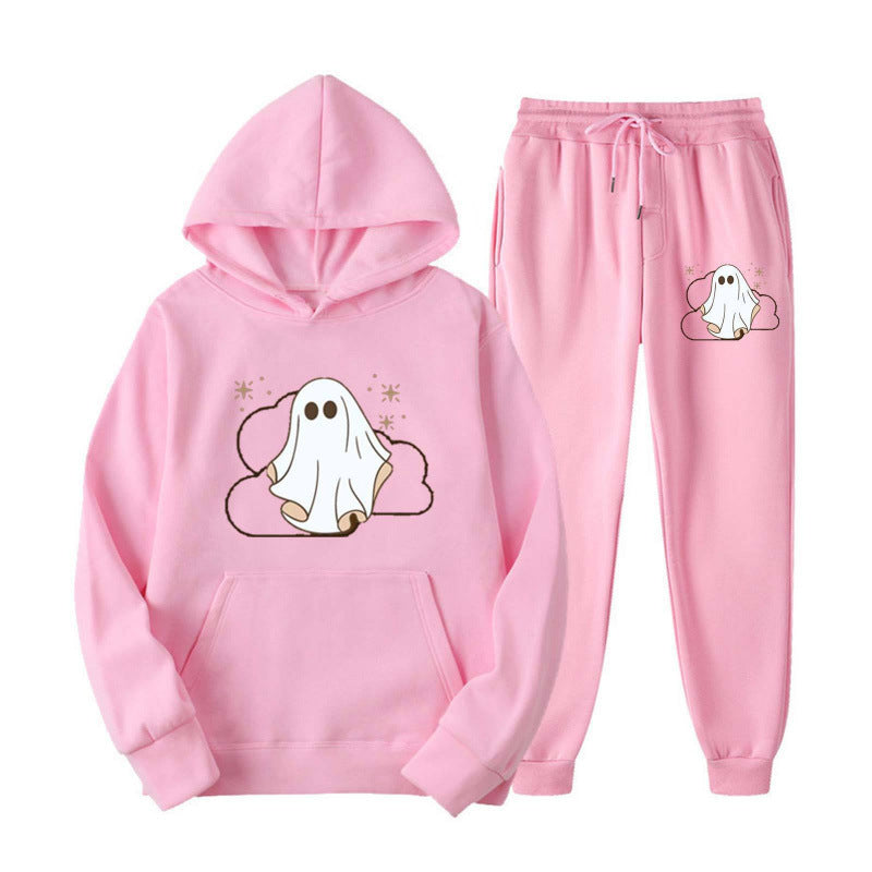 Unisex nan kuscheliger Kapuzenpullover und Jogginghose Set mit Halloween-Geistprint Drune