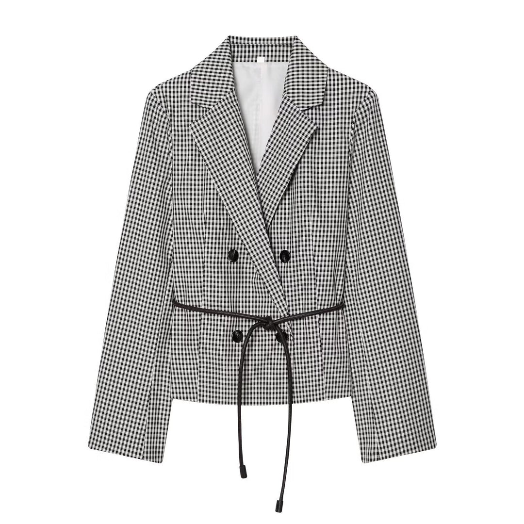 Damen Karo-Cropped-Blazer mit doppelreihiger Knopfleiste und Tunnelzugbindegürtel Drune
