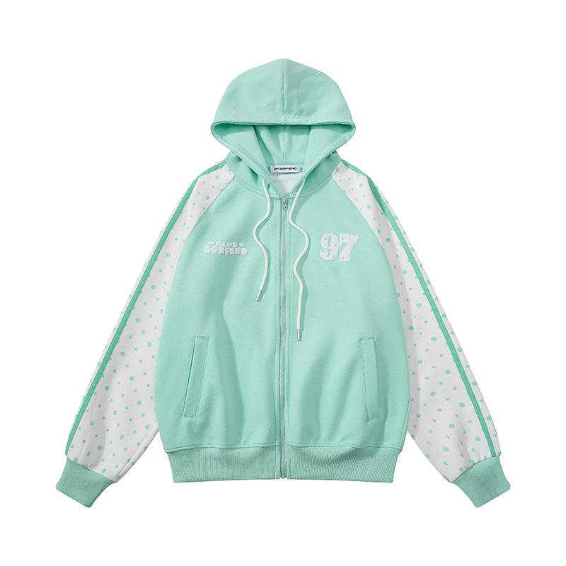 Damen Kapuzen‑Sweatjacke mit durchgehendem Reißverschluss, Raglanärmeln und Polka‑Dot‑Einsätzen Drune