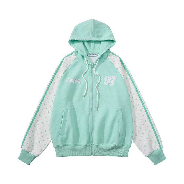 Damen Kapuzen‑Sweatjacke mit durchgehendem Reißverschluss, Raglanärmeln und Polka‑Dot‑Einsätzen Drune