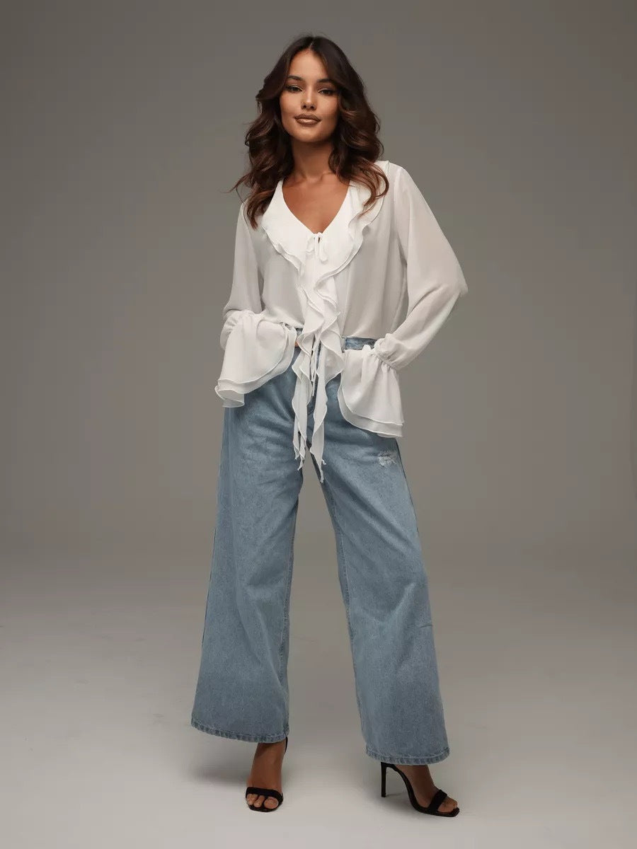 Damen leichtes Chiffon-Blusenshirt mit Rüschen und Kordelzug Drune