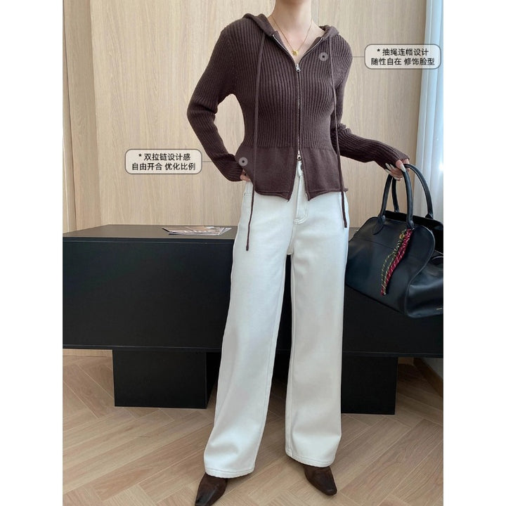 Damen lässige Strickjacke mit Kapuze und Reißverschluss Drune