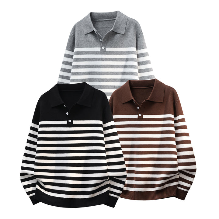 Herren Gestreifter Oversize Polo Strickpullover mit Halbknopfblende und gerippten Abschlüssen Drune