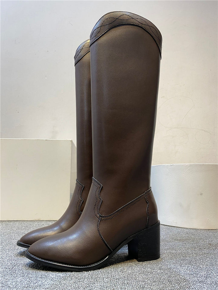 Damen Hochwertige Leder Knielange Westernstiefel Drune