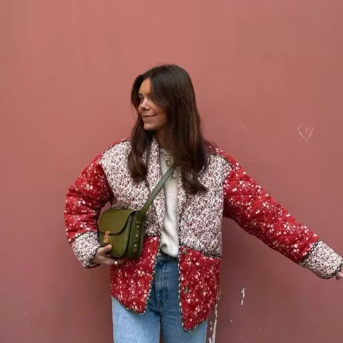Damen nan gesteppte Patchprint Übergangsjacke mit Schalkragen, dekorativer Paspel und aufgesetzten Taschen Drune