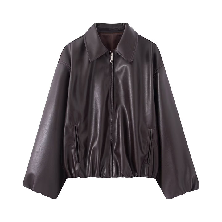 Damen Oversize Kunstleder Blouson mit Reißverschluss und elastischem Saum Drune