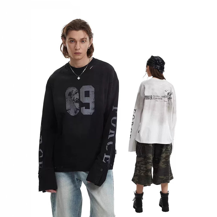 Herren Oversize-Longsleeve-Sweatshirt mit Print, verlängerten Manschetten und Used-Details Drune