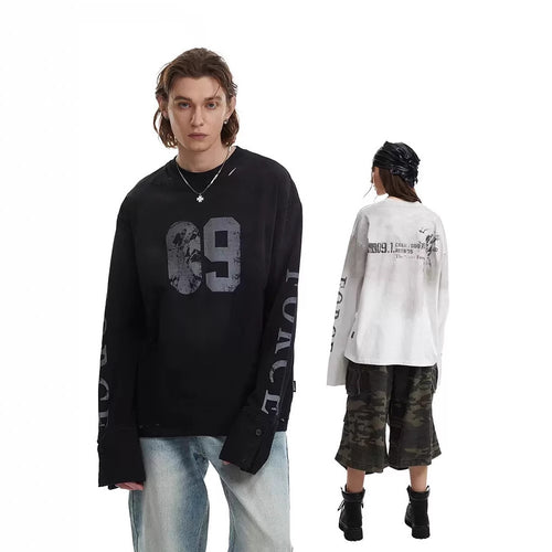 Herren Oversize-Longsleeve-Sweatshirt mit Print, verlängerten Manschetten und Used-Details Drune
