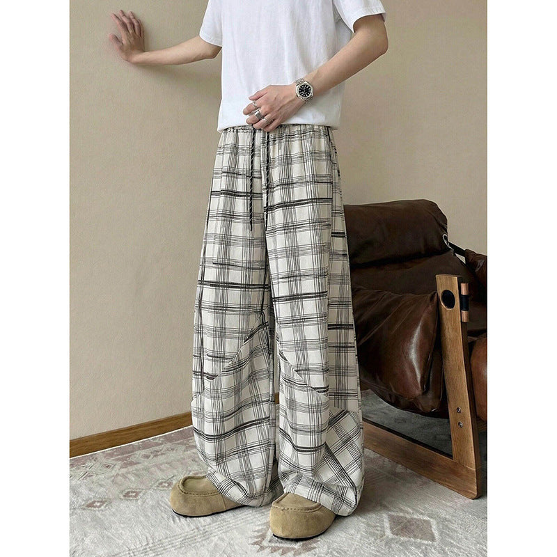 Herren weite karierte Lounge-Hose mit elastischem Bund und Tunnelzug Drune