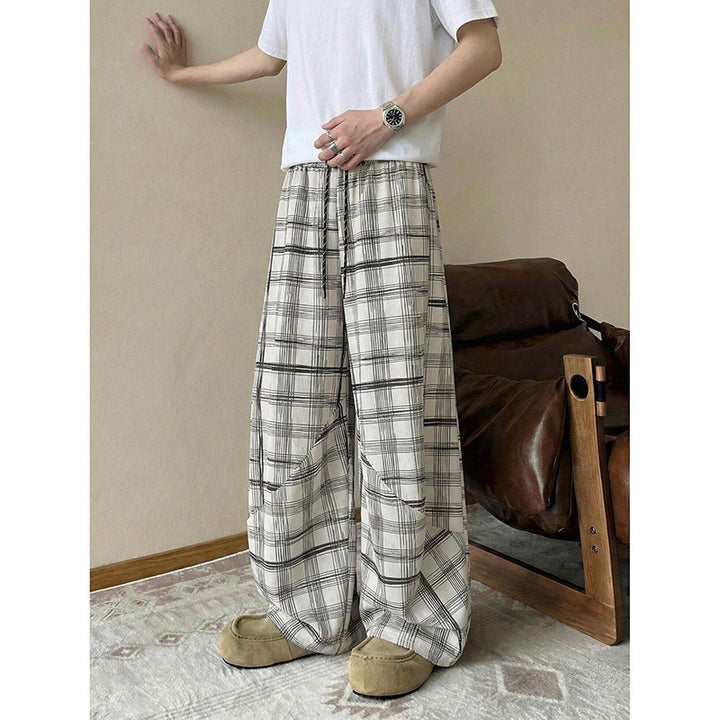 Herren weite karierte Lounge-Hose mit elastischem Bund und Tunnelzug Drune