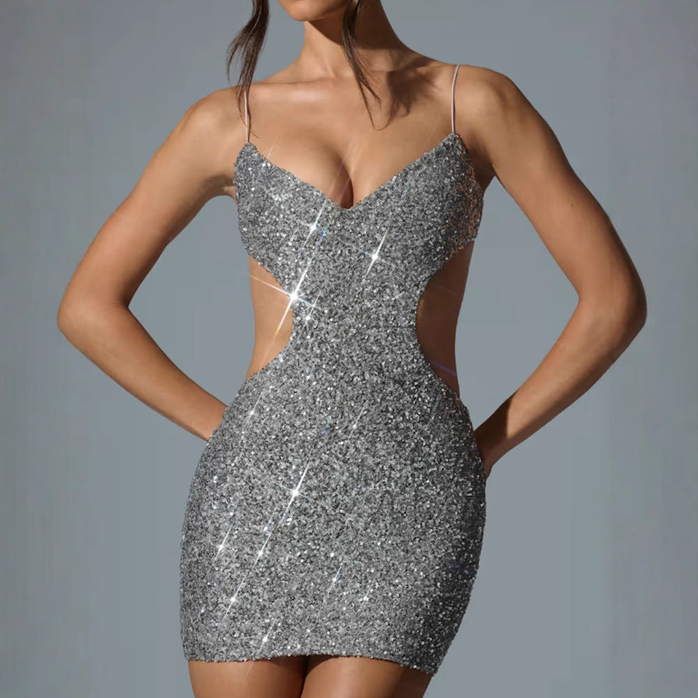 Damen Glitzerndes Cut-Out-Minikleid mit schimmernden Pailletten und Spaghettiträgern Drune