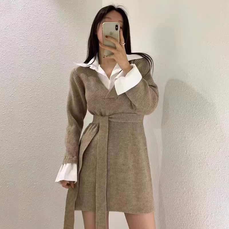 Damen elegantes Strickkleid mit tailliertem Gürtel und ausgefallenem Kragen Drune