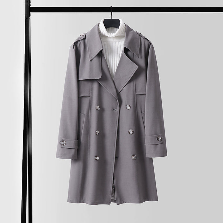 Damen Doppelreihiger Kurztrenchcoat aus leichtem Wollmix mit soften Fall und Schulterklappen Drune