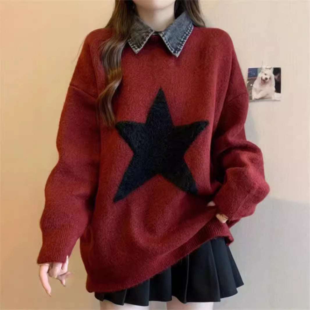 Damen gemütlicher Pullover mit großem Sternmotiv Drune