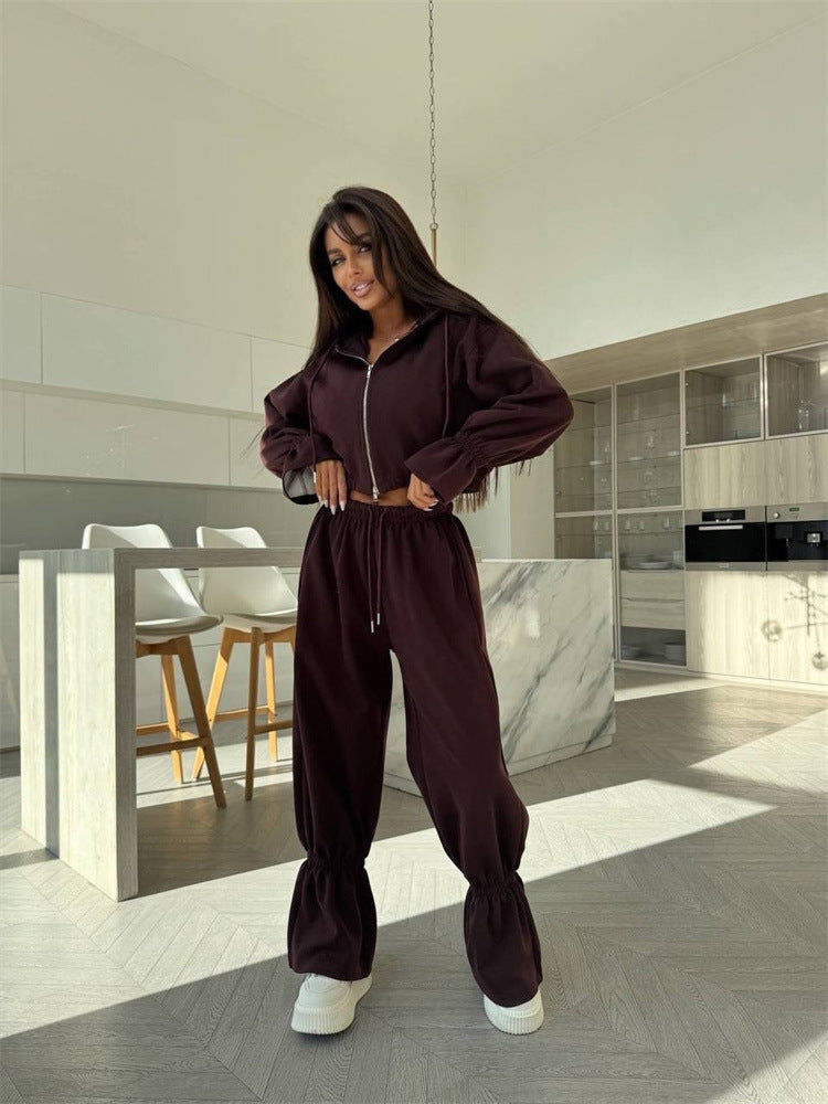 Damen Cropped-Kapuzenjacke mit Reißverschluss und taillierter Tunnelzug-Jogginghose Drune