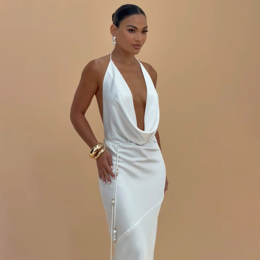 Damen Elegantes Wickelkleid mit schickem Wasserfall-Ausschnitt und perlenverziertem Detail Drune