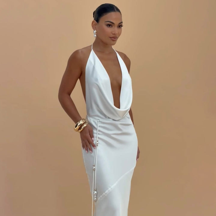 Damen Elegantes Wickelkleid mit schickem Wasserfall-Ausschnitt und perlenverziertem Detail Drune