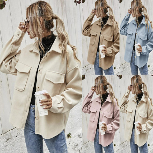 Damen Modische Oversized-Jacke mit Taschen und Knopfverschluss Drune
