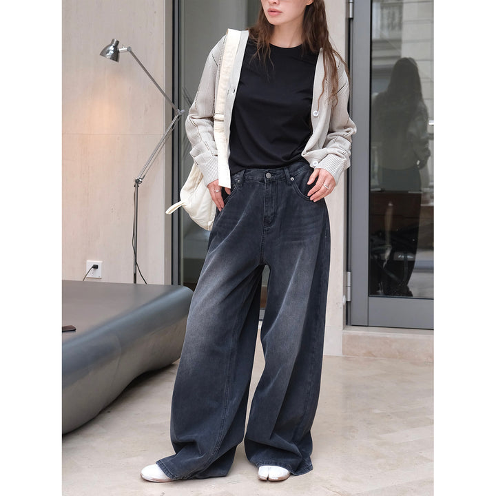 Damen Weite High‑Waist Denim‑Palazzohose mit Vintage‑Waschung Drune