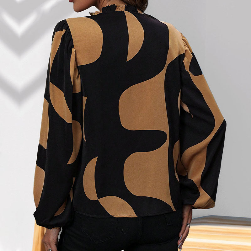 Damen Gemusterte V‑Neck Bluse mit Ballonärmeln und lockerem Fall Drune