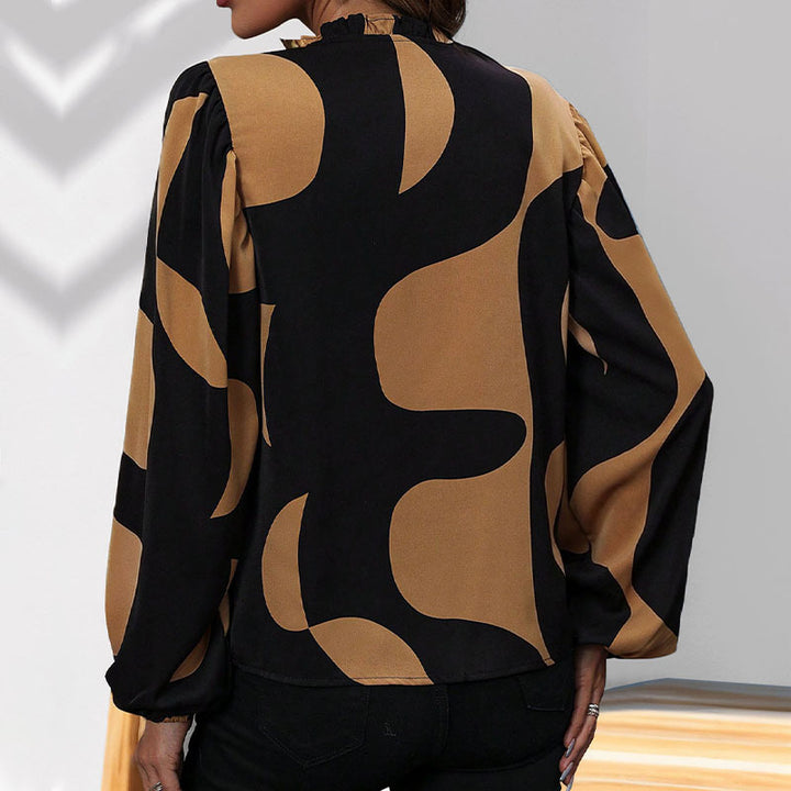 Damen Gemusterte V‑Neck Bluse mit Ballonärmeln und lockerem Fall Drune