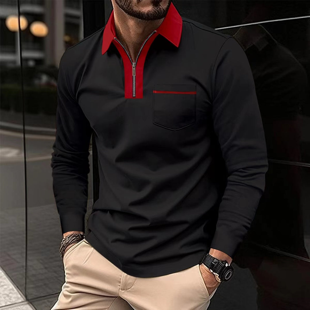 Herren Langarm-Poloshirt mit Halbzip, Kontrastkragen & Brusttasche Drune