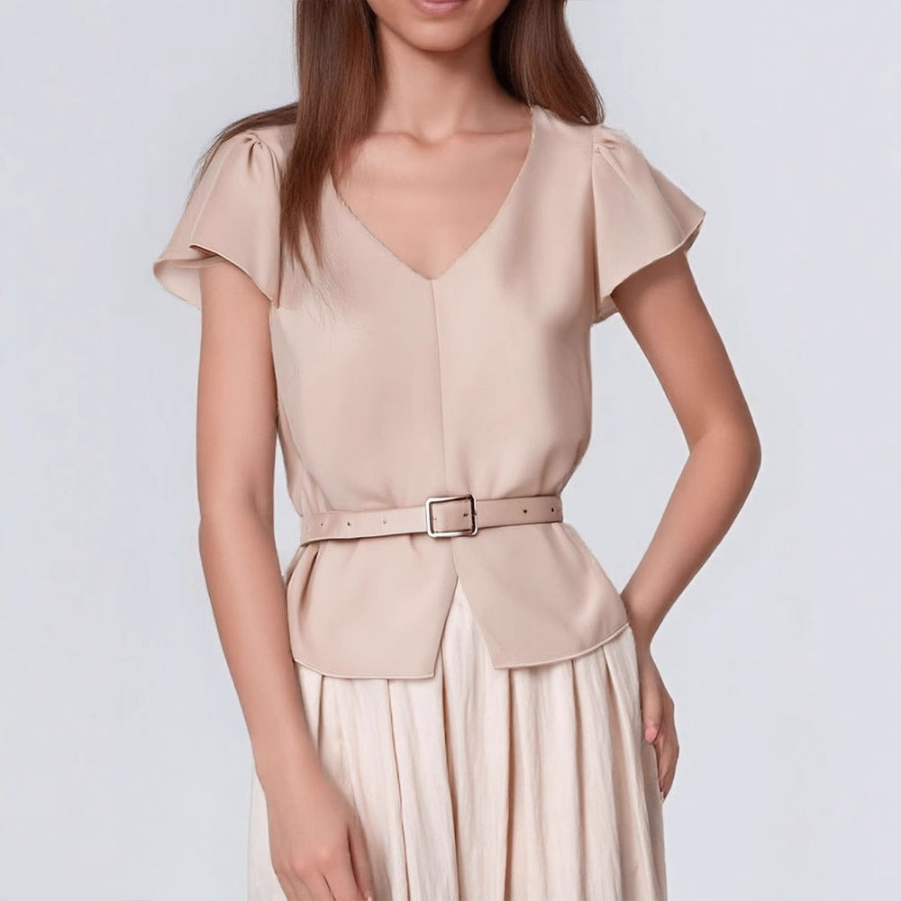 Damen Blusenshirt mit Taillengürtel und elegantem V-Ausschnitt Drune