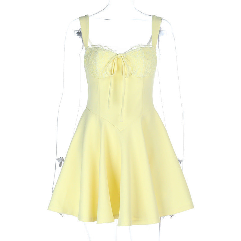 Damen verspieltes Sommerkleid mit Spitzenoberteil und Taillenknoten Drune