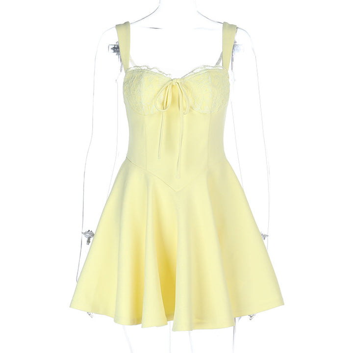 Damen verspieltes Sommerkleid mit Spitzenoberteil und Taillenknoten Drune