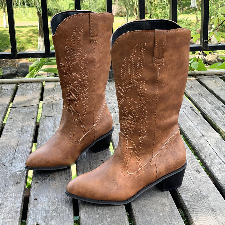Damen Cowboy-Stiefel mit hohem Absatz und kunstvollen Stickereien Drune