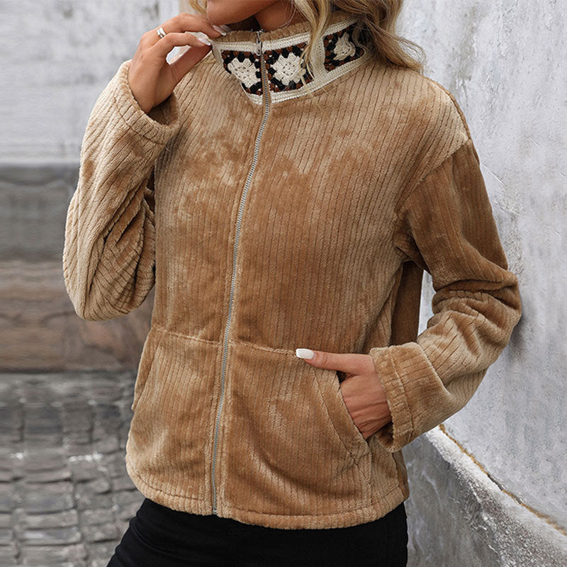 Damen Plüsch-Cordjacke mit Stehkragen, Reißverschluss & Kängurutaschen Drune