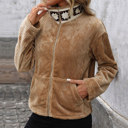 Damen Plüsch-Cordjacke mit Stehkragen, Reißverschluss & Kängurutaschen Drune