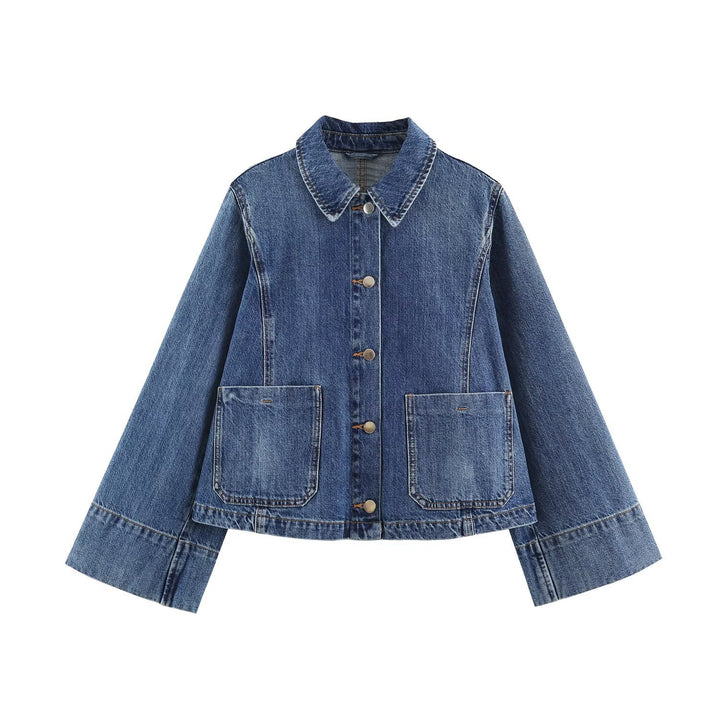 Damen Boxy Jeansjacke mit weiten Ärmeln, aufgesetzten Pattentaschen und Druckknopfverschluss Drune