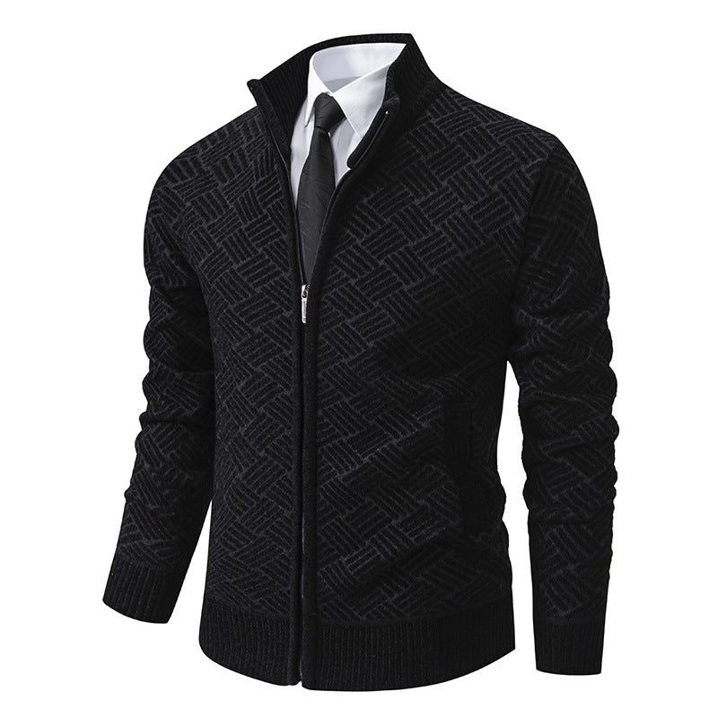 Herren Strick-Zipjacke mit geometrischem Strukturmuster und Stehkragen Drune